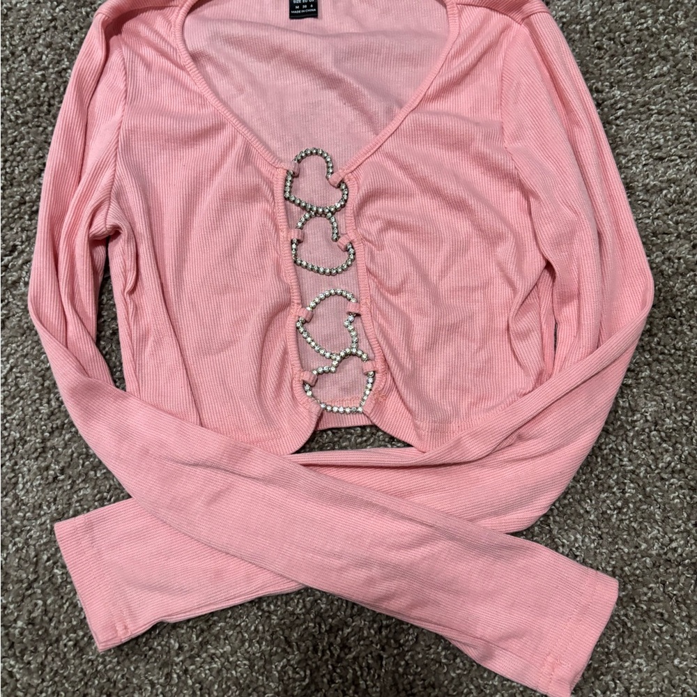 SHEIN Pink Heart Detail Long Sleeve Blouse